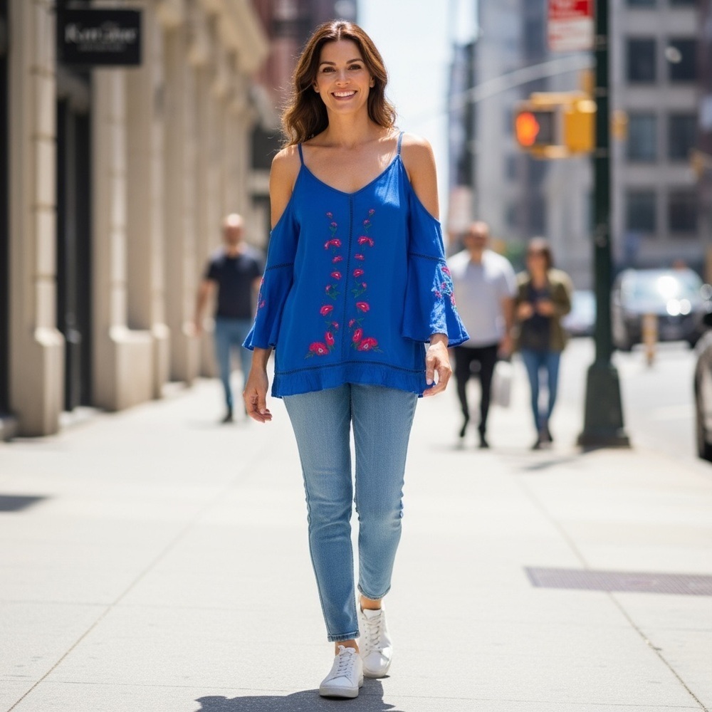 Umgee Blue Cold Shoulder Floral Embroidered Top
New